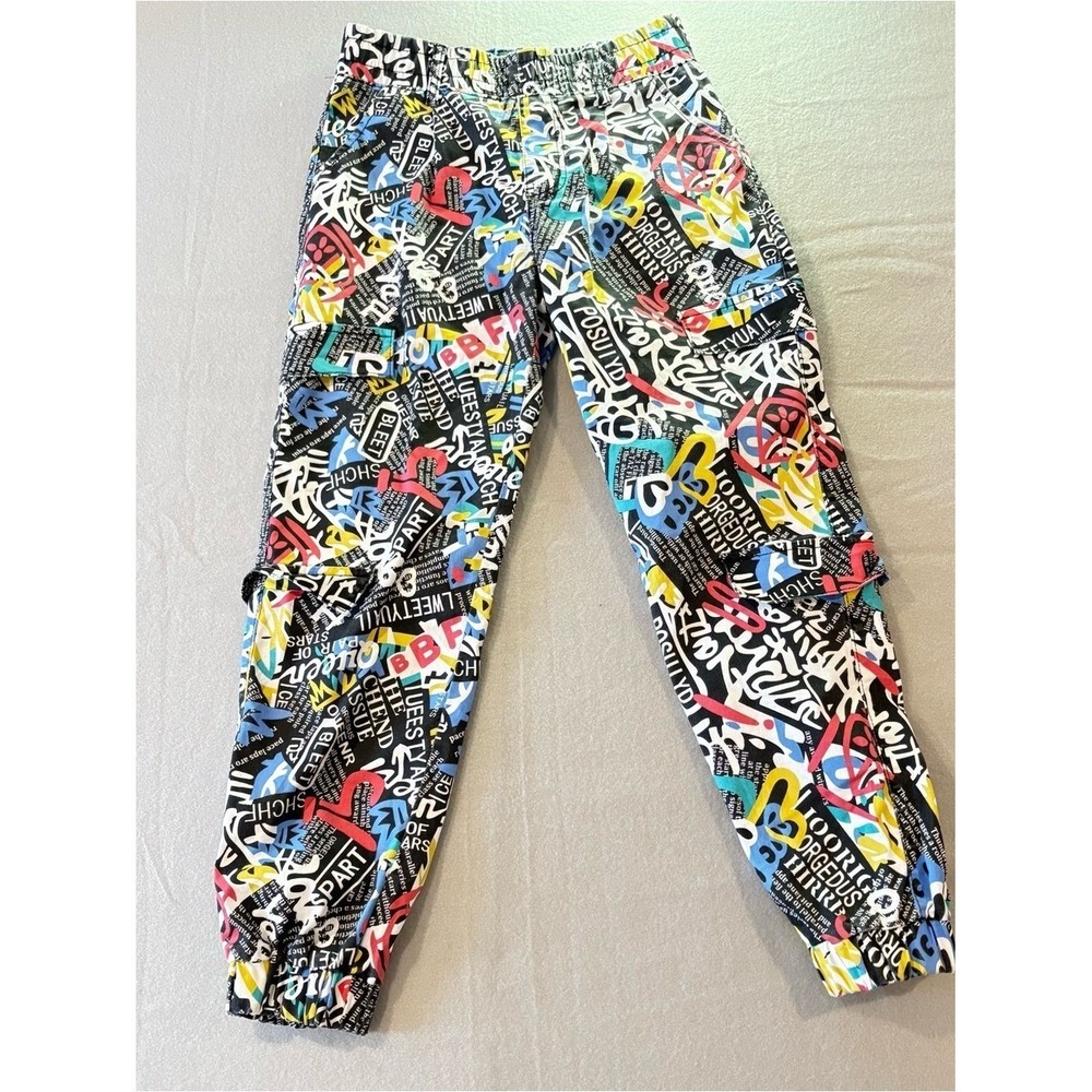 ♾️Y2K Graffiti Newsprint Cargo Joggers Vintage 90s Rave Pants♾️